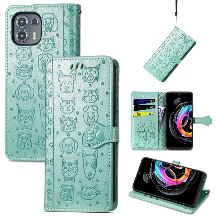 

For Motorola Moto Edge 20 Lite Lovely Cat and Dog Embossing Pattern Horizontal Flip Leather Case , with Holder & Card Slots & Wallet & Cartoon Clasp & Lanyard(Green)