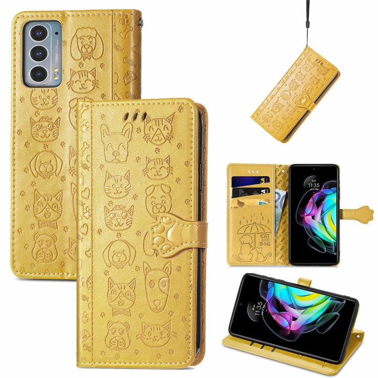 

For Motorola Moto Edge 20 Lovely Cat and Dog Embossing Pattern Horizontal Flip Leather Case , with Holder & Card Slots & Wallet & Cartoon Clasp & Lanyard(Yellow)