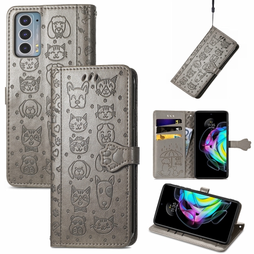 

For Motorola Moto Edge 20 Lovely Cat and Dog Embossing Pattern Horizontal Flip Leather Case , with Holder & Card Slots & Wallet & Cartoon Clasp & Lanyard(Grey)