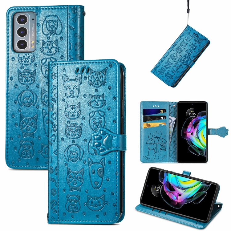 

For Motorola Moto Edge 20 Lovely Cat and Dog Embossing Pattern Horizontal Flip Leather Case , with Holder & Card Slots & Wallet & Cartoon Clasp & Lanyard(Blue)