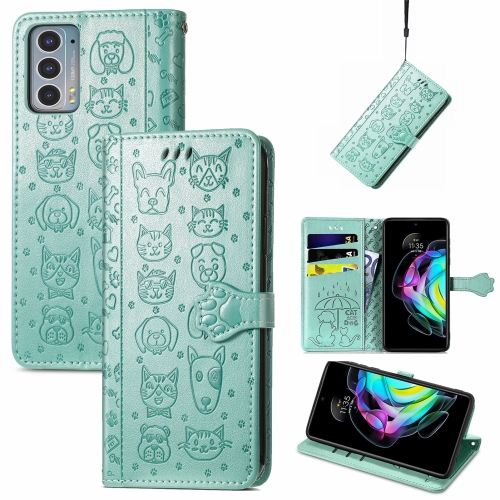 

For Motorola Moto Edge 20 Lovely Cat and Dog Embossing Pattern Horizontal Flip Leather Case , with Holder & Card Slots & Wallet & Cartoon Clasp & Lanyard(Green)