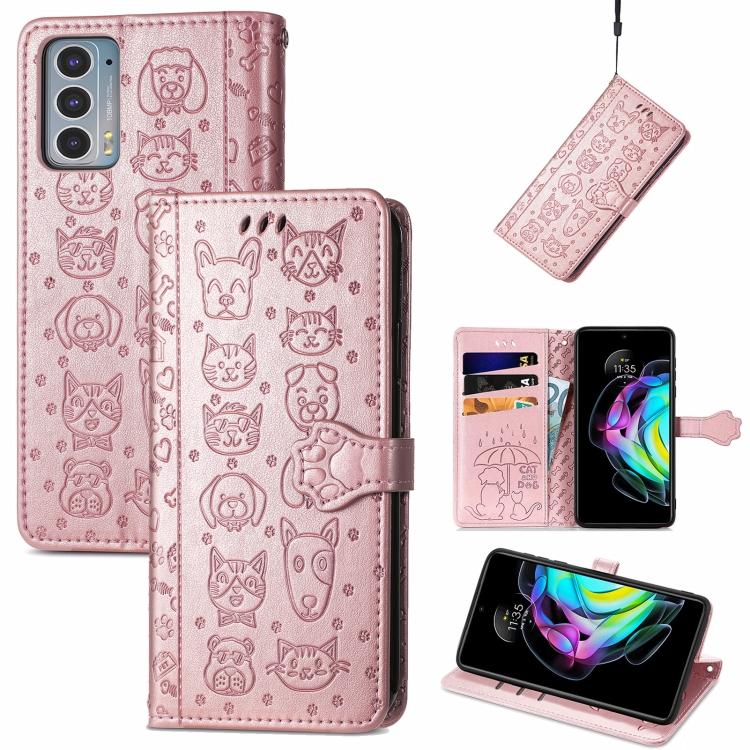 

For Motorola Moto Edge 20 Lovely Cat and Dog Embossing Pattern Horizontal Flip Leather Case , with Holder & Card Slots & Wallet & Cartoon Clasp & Lanyard(Rose Gold)