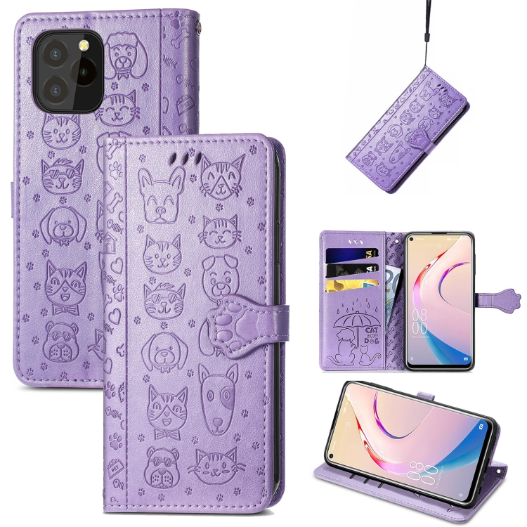 

For Oukitel C21 Pro Lovely Cat and Dog Embossing Pattern Horizontal Flip Leather Case , with Holder & Card Slots & Wallet & Cartoon Clasp & Lanyard(Purple)