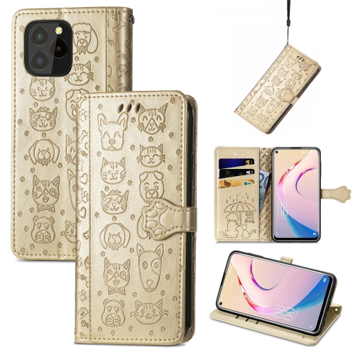 

For Oukitel C21 Pro Lovely Cat and Dog Embossing Pattern Horizontal Flip Leather Case , with Holder & Card Slots & Wallet & Cartoon Clasp & Lanyard(Gold)