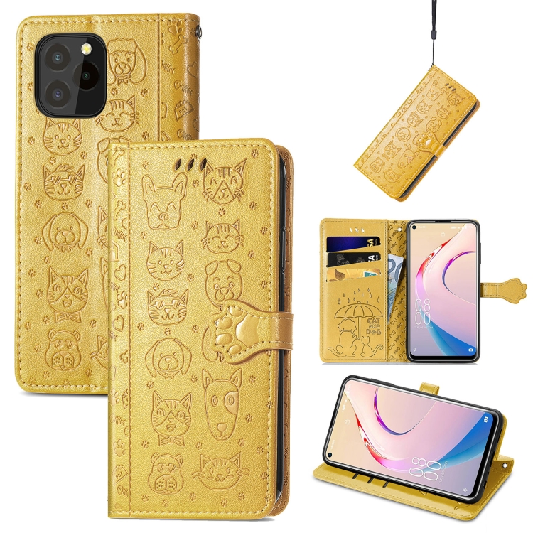 

For Oukitel C21 Pro Lovely Cat and Dog Embossing Pattern Horizontal Flip Leather Case , with Holder & Card Slots & Wallet & Cartoon Clasp & Lanyard(Yellow)