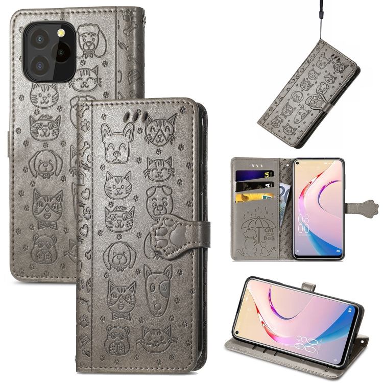 

For Oukitel C21 Pro Lovely Cat and Dog Embossing Pattern Horizontal Flip Leather Case , with Holder & Card Slots & Wallet & Cartoon Clasp & Lanyard(Grey)