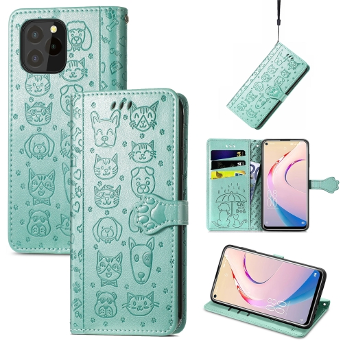 

For Oukitel C21 Pro Lovely Cat and Dog Embossing Pattern Horizontal Flip Leather Case , with Holder & Card Slots & Wallet & Cartoon Clasp & Lanyard(Green)