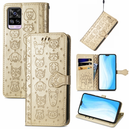 

For vivo S7 Lovely Cat and Dog Embossing Pattern Horizontal Flip Leather Case , with Holder & Card Slots & Wallet & Cartoon Clasp & Lanyard(Gold)