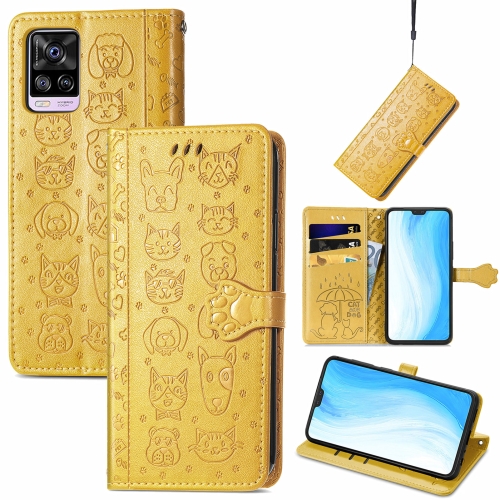 

For vivo S7 Lovely Cat and Dog Embossing Pattern Horizontal Flip Leather Case , with Holder & Card Slots & Wallet & Cartoon Clasp & Lanyard(Yellow)