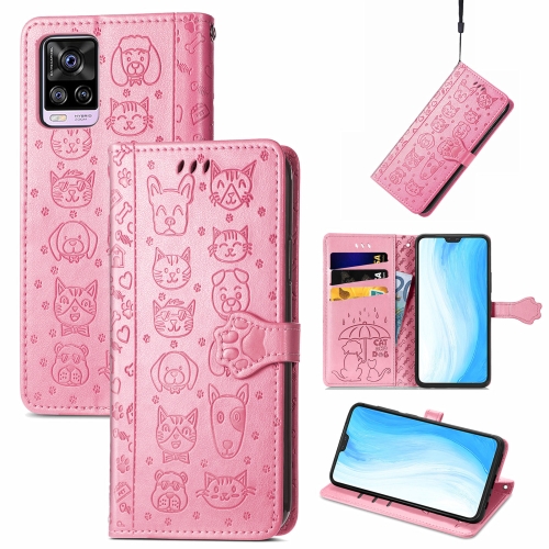

For vivo S7 Lovely Cat and Dog Embossing Pattern Horizontal Flip Leather Case , with Holder & Card Slots & Wallet & Cartoon Clasp & Lanyard(Pink)