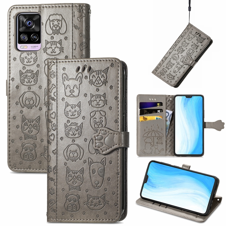 

For vivo S7 Lovely Cat and Dog Embossing Pattern Horizontal Flip Leather Case , with Holder & Card Slots & Wallet & Cartoon Clasp & Lanyard(Grey)