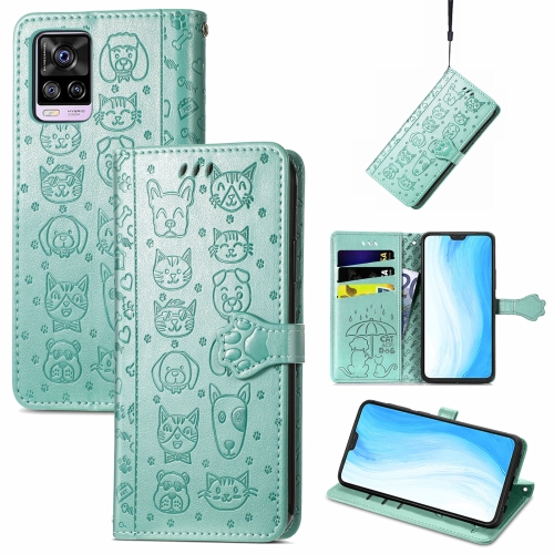 

For vivo S7 Lovely Cat and Dog Embossing Pattern Horizontal Flip Leather Case , with Holder & Card Slots & Wallet & Cartoon Clasp & Lanyard(Green)