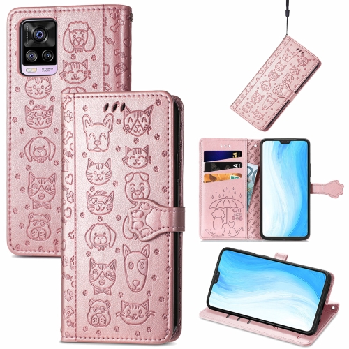 

For vivo S7 Lovely Cat and Dog Embossing Pattern Horizontal Flip Leather Case , with Holder & Card Slots & Wallet & Cartoon Clasp & Lanyard(Rose Gold)
