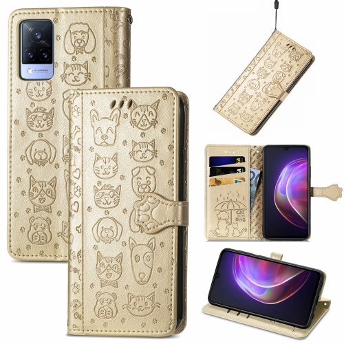 

For vivo V21 Lovely Cat and Dog Embossing Pattern Horizontal Flip Leather Case , with Holder & Card Slots & Wallet & Cartoon Clasp & Lanyard(Gold)