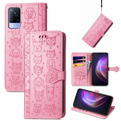 

For vivo V21 Lovely Cat and Dog Embossing Pattern Horizontal Flip Leather Case , with Holder & Card Slots & Wallet & Cartoon Clasp & Lanyard(Pink)