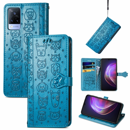 

For vivo V21 Lovely Cat and Dog Embossing Pattern Horizontal Flip Leather Case , with Holder & Card Slots & Wallet & Cartoon Clasp & Lanyard(Blue)