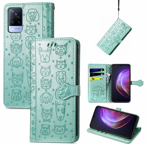 

For vivo V21 Lovely Cat and Dog Embossing Pattern Horizontal Flip Leather Case , with Holder & Card Slots & Wallet & Cartoon Clasp & Lanyard(Green)