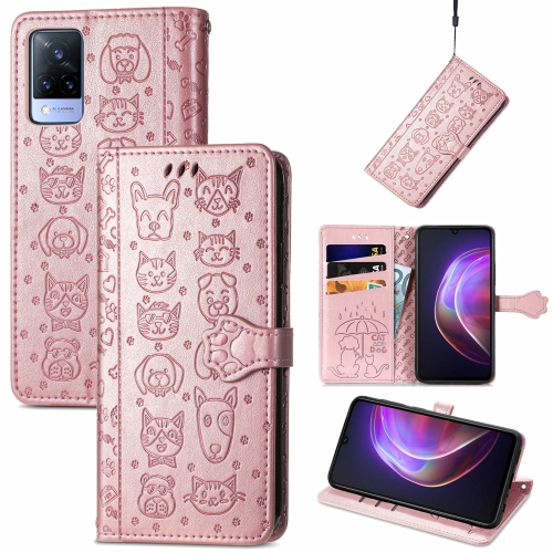 

For vivo V21 Lovely Cat and Dog Embossing Pattern Horizontal Flip Leather Case , with Holder & Card Slots & Wallet & Cartoon Clasp & Lanyard(Rose Gold)