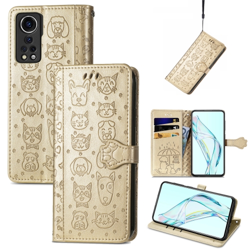 

For ZTE Axon 30 5G Lovely Cat and Dog Embossing Pattern Horizontal Flip Leather Case , with Holder & Card Slots & Wallet & Cartoon Clasp & Lanyard(Gold)