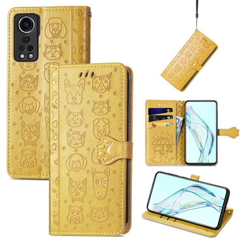 

For ZTE Axon 30 5G Lovely Cat and Dog Embossing Pattern Horizontal Flip Leather Case , with Holder & Card Slots & Wallet & Cartoon Clasp & Lanyard(Yellow)