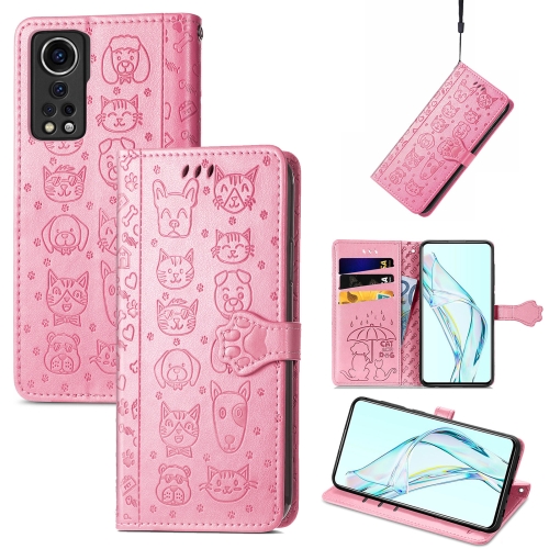 

For ZTE Axon 30 5G Lovely Cat and Dog Embossing Pattern Horizontal Flip Leather Case , with Holder & Card Slots & Wallet & Cartoon Clasp & Lanyard(Pink)