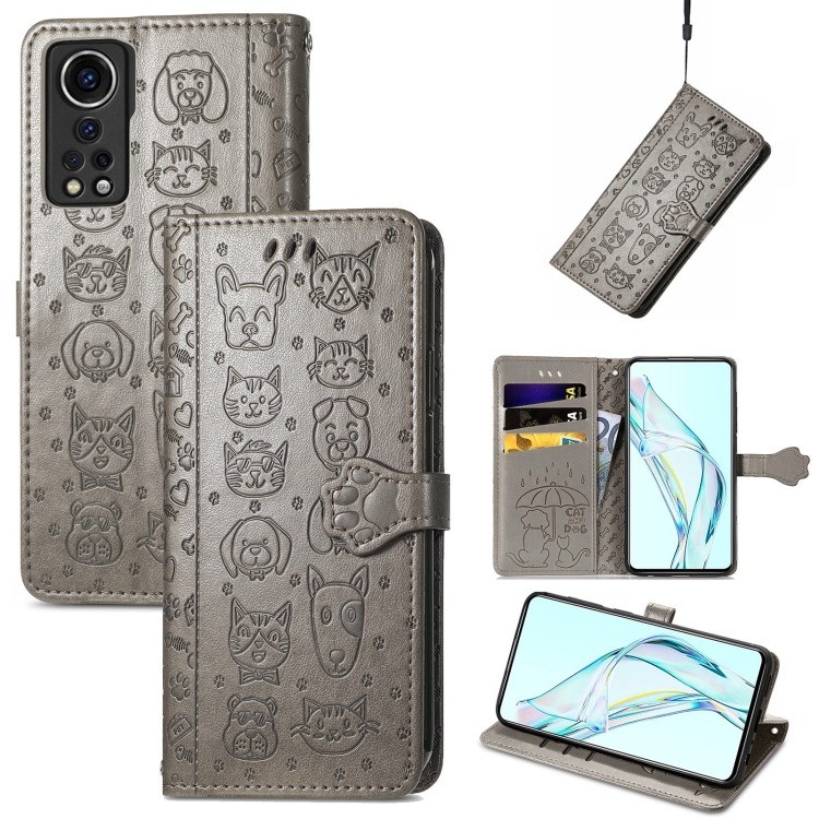 

For ZTE Axon 30 5G Lovely Cat and Dog Embossing Pattern Horizontal Flip Leather Case , with Holder & Card Slots & Wallet & Cartoon Clasp & Lanyard(Grey)