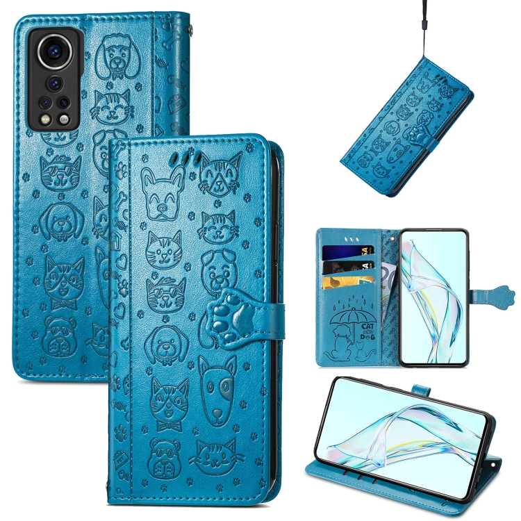 

For ZTE Axon 30 5G Lovely Cat and Dog Embossing Pattern Horizontal Flip Leather Case , with Holder & Card Slots & Wallet & Cartoon Clasp & Lanyard(Blue)