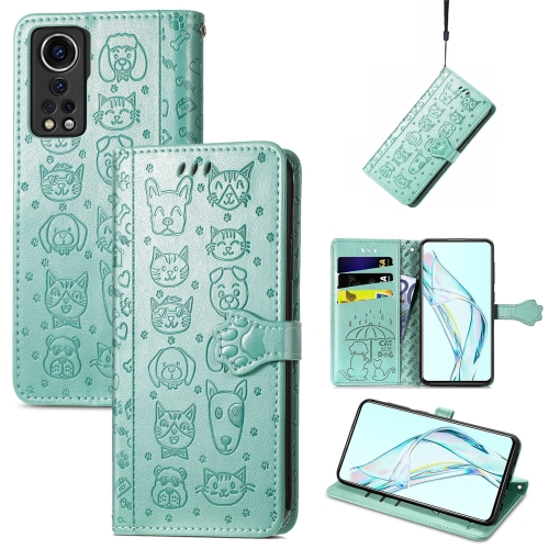 

For ZTE Axon 30 5G Lovely Cat and Dog Embossing Pattern Horizontal Flip Leather Case , with Holder & Card Slots & Wallet & Cartoon Clasp & Lanyard(Green)