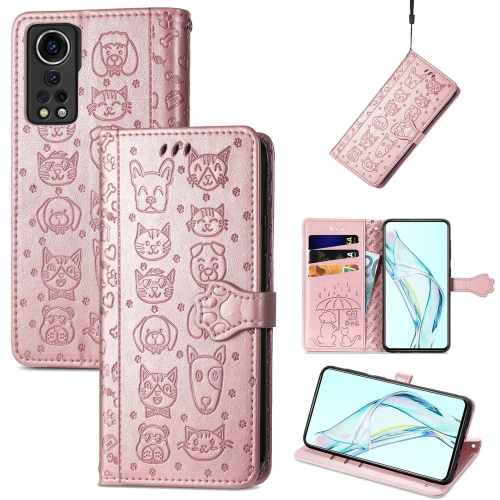 

For ZTE Axon 30 5G Lovely Cat and Dog Embossing Pattern Horizontal Flip Leather Case , with Holder & Card Slots & Wallet & Cartoon Clasp & Lanyard(Rose Gold)