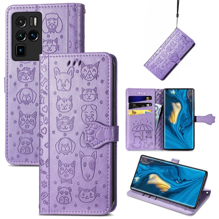 

For ZTE Nubia Z30 Pro Lovely Cat and Dog Embossing Pattern Horizontal Flip Leather Case , with Holder & Card Slots & Wallet & Cartoon Clasp & Lanyard(Purple)