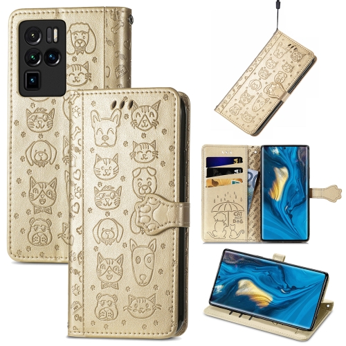 

For ZTE Nubia Z30 Pro Lovely Cat and Dog Embossing Pattern Horizontal Flip Leather Case , with Holder & Card Slots & Wallet & Cartoon Clasp & Lanyard(Gold)