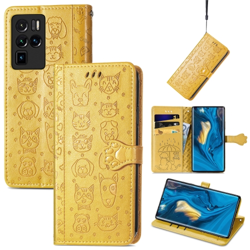 

For ZTE Nubia Z30 Pro Lovely Cat and Dog Embossing Pattern Horizontal Flip Leather Case , with Holder & Card Slots & Wallet & Cartoon Clasp & Lanyard(Yellow)