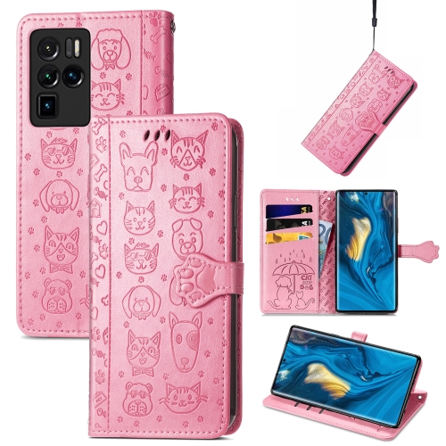 

For ZTE Nubia Z30 Pro Lovely Cat and Dog Embossing Pattern Horizontal Flip Leather Case , with Holder & Card Slots & Wallet & Cartoon Clasp & Lanyard(Pink)