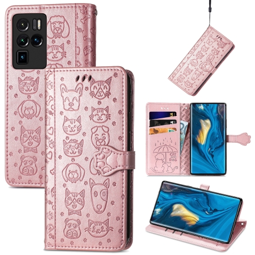 

For ZTE Nubia Z30 Pro Lovely Cat and Dog Embossing Pattern Horizontal Flip Leather Case , with Holder & Card Slots & Wallet & Cartoon Clasp & Lanyard(Rose Gold)