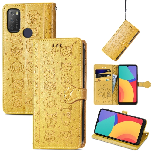 

For Alcatel 1S 2021 Lovely Cat and Dog Embossing Pattern Horizontal Flip Leather Case , with Holder & Card Slots & Wallet & Cartoon Clasp & Lanyard(Yellow)