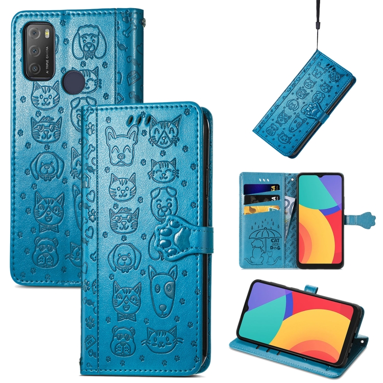 

For Alcatel 1S 2021 Lovely Cat and Dog Embossing Pattern Horizontal Flip Leather Case , with Holder & Card Slots & Wallet & Cartoon Clasp & Lanyard(Blue)