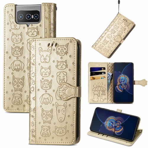 

For Asus Zenfone 8 Flip Lovely Cat and Dog Embossing Pattern Horizontal Flip Leather Case , with Holder & Card Slots & Wallet & Cartoon Clasp & Lanyard(Gold)
