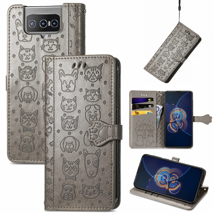 

For Asus Zenfone 8 Flip Lovely Cat and Dog Embossing Pattern Horizontal Flip Leather Case , with Holder & Card Slots & Wallet & Cartoon Clasp & Lanyard(Grey)