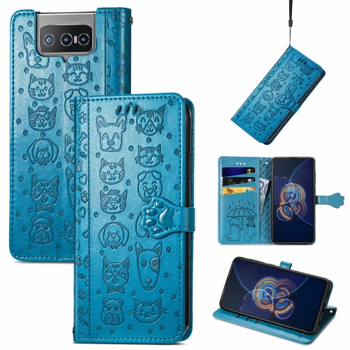 

For Asus Zenfone 8 Flip Lovely Cat and Dog Embossing Pattern Horizontal Flip Leather Case , with Holder & Card Slots & Wallet & Cartoon Clasp & Lanyard(Blue)
