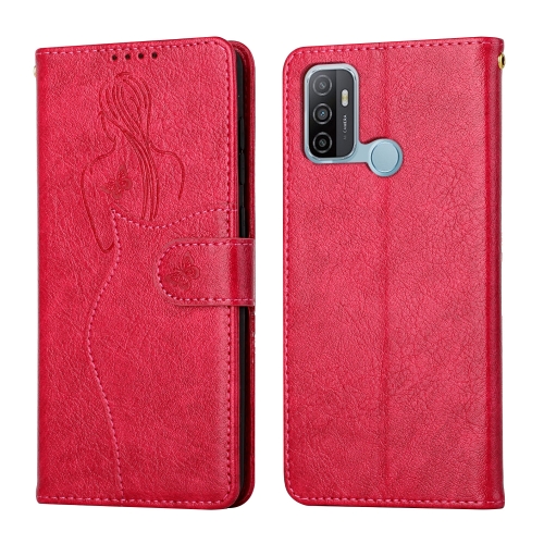 

For OPPO A53 Beauty Girl Embossing Pattern Horizontal Flip Leather Case with Holder & Card Slot & Wallet & Photo Frame(Red)