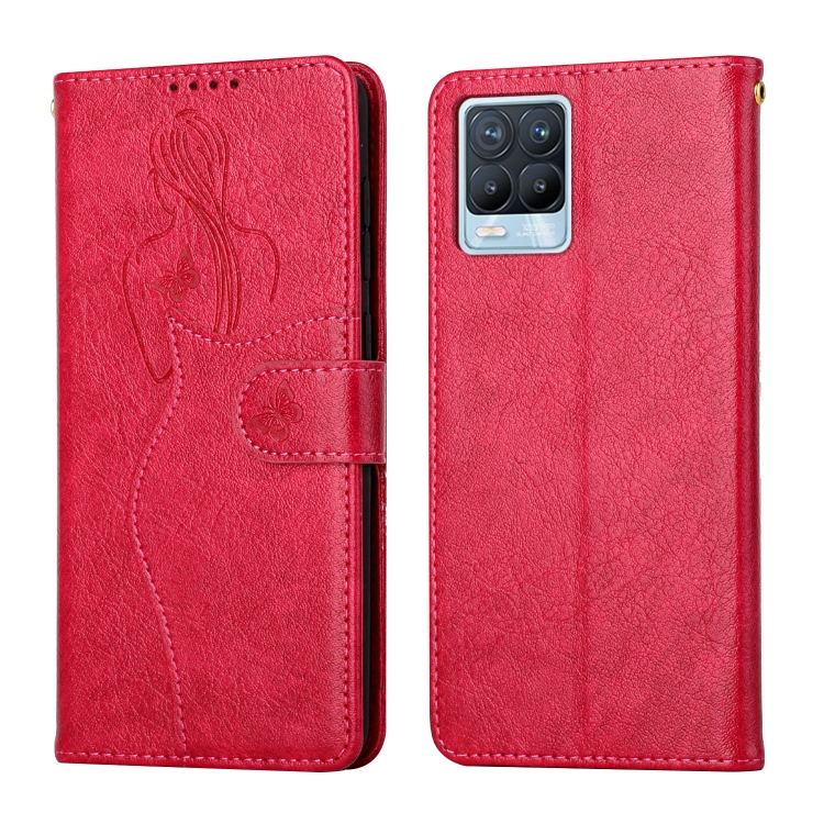 

For OPPO Realme 8 / 8 Pro Beauty Girl Embossing Pattern Horizontal Flip Leather Case with Holder & Card Slot & Wallet & Photo Frame(Red)