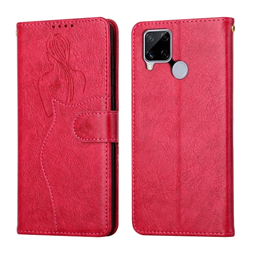 

For OPPO Realme C15 Beauty Girl Embossing Pattern Horizontal Flip Leather Case with Holder & Card Slot & Wallet & Photo Frame(Red)