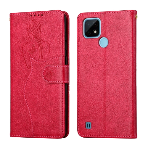 

For OPPO Realme C21 Beauty Girl Embossing Pattern Horizontal Flip Leather Case with Holder & Card Slot & Wallet & Photo Frame(Red)