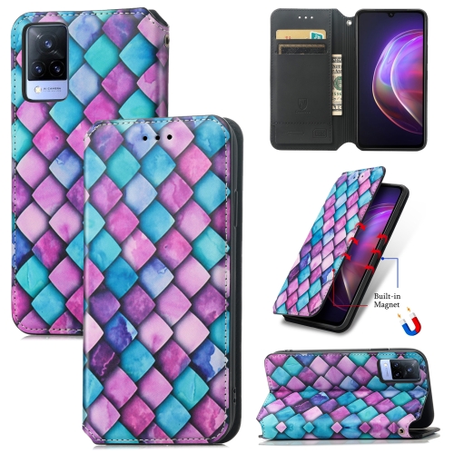 

For vivo V21 Colorful Magnetic Horizontal Flip PU Leather Case with Holder & Card Slot & Wallet(Purple Scales)