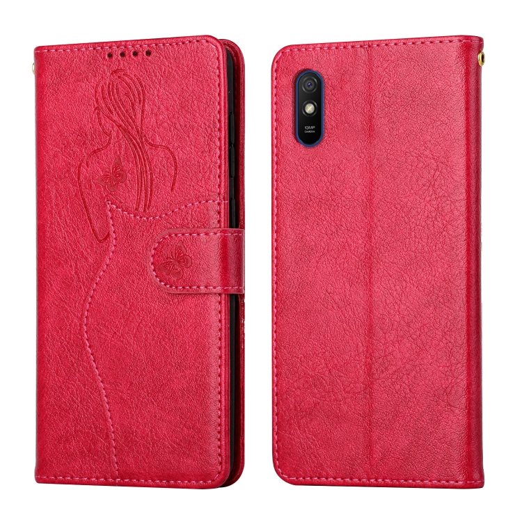 

For Xiaomi Redmi 9A Beauty Girl Embossing Pattern Horizontal Flip Leather Case with Holder & Card Slot & Wallet & Photo Frame(Red)