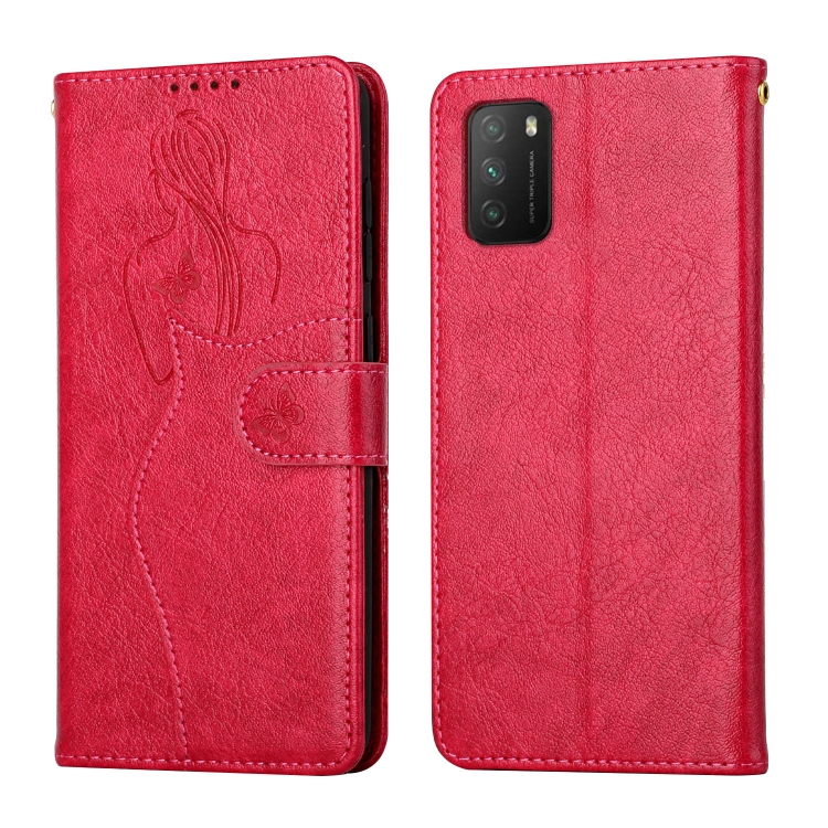 

For Xiaomi Poco M3 Beauty Girl Embossing Pattern Horizontal Flip Leather Case with Holder & Card Slot & Wallet & Photo Frame(Red)