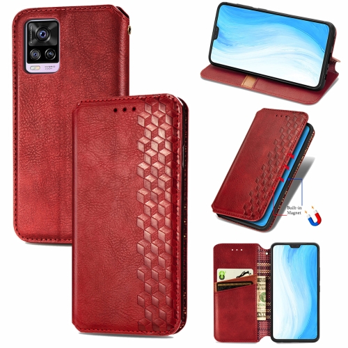 

For vivo S7 Cubic Grid Pressed Horizontal Flip Magnetic PU Leather Case with Holder & Card Slots & Wallet(Red)