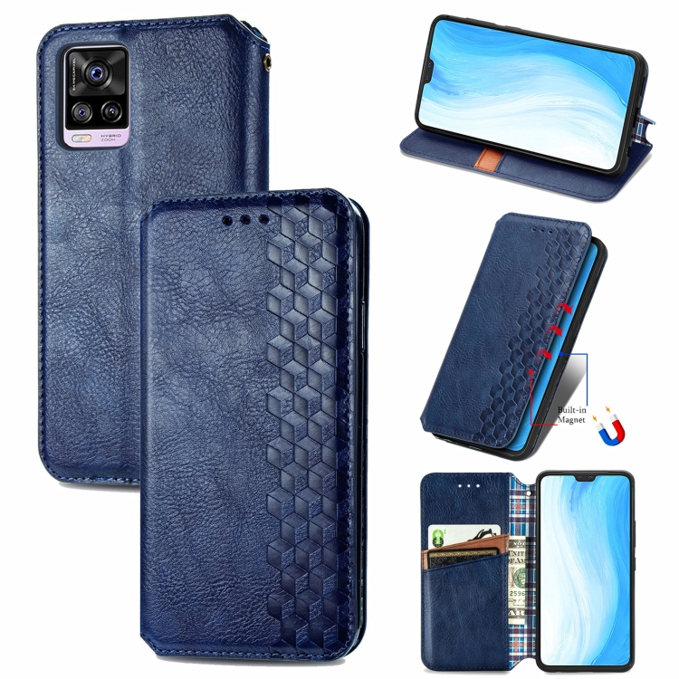

For vivo S7 Cubic Grid Pressed Horizontal Flip Magnetic PU Leather Case with Holder & Card Slots & Wallet(Blue)