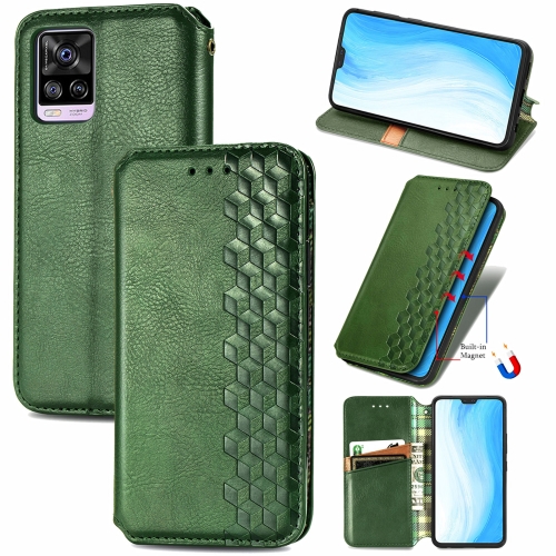 

For vivo S7 Cubic Grid Pressed Horizontal Flip Magnetic PU Leather Case with Holder & Card Slots & Wallet(Green)