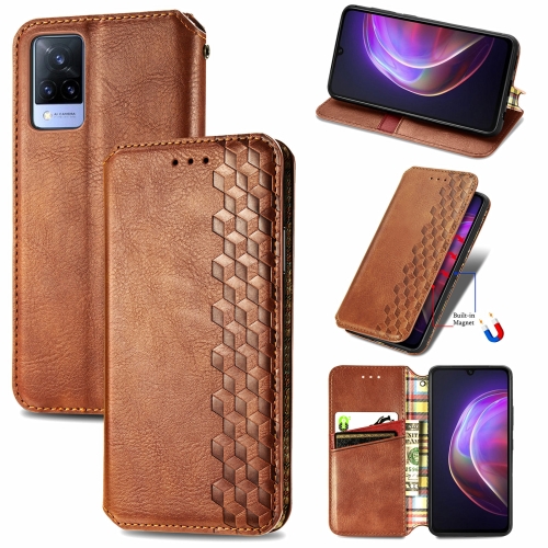 

For vivo V21 Cubic Grid Pressed Horizontal Flip Magnetic PU Leather Case with Holder & Card Slots & Wallet(Brown)
